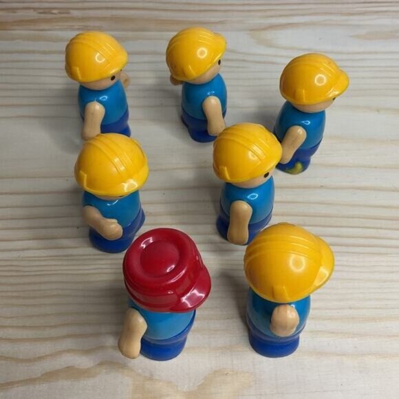 Vintage Playskool Lil Playmates Lot of 7 Construction Workers Blue Yellow Red - Picture 4 of 9